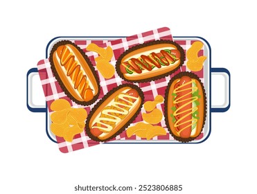 Delicioso conjunto de ilustración de comida rápida de comida rápida en una bandeja. Perros calientes caseros, sándwiches, salchichas, pan, vista superior, ingredientes, cocina y menú de comida rápida. Aislado en el fondo para el diseño del menú