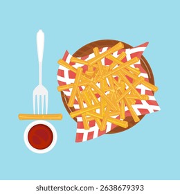 Delicious fast food illustration. Fast food set. Homemade French fries. French fries with ketchup. French fries on a wooden plate with a paper towel. Top view. Fast food and cooking menu. Isolated.
