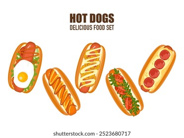 Delicious fast food illustration sets of fast food, homemade hot dogs, sandwiches, sausages, bread, top view, toppings, cooking, and fast food menus are isolated on a white background for advertising.