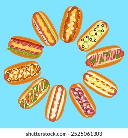 Deliciosa ilustración de comida rápida Conjuntos de comida rápida, hot dogs caseros, sándwiches, salchichas, pan, vista superior, ingredientes, cocina y menús de comida rápida están aislados en el fondo para el diseño de carteles.