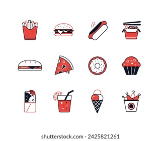 Delicious fast food - line design style icons set with editable stroke. French fries, hamburger, hot dog, wok, sandwich, slice of pizza, donut, muffin and a bucket of chicken legs. Snack idea