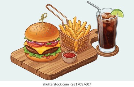 Delicious fast food meal featuring a classic cheeseburger with all the fixings, crispy French fries, and refreshing soda.