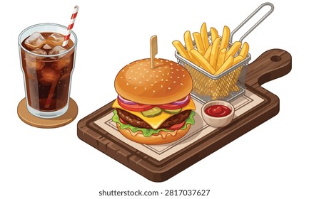 Delicious fast food meal featuring a classic cheeseburger with all the fixings, crispy French fries, and refreshing soda.