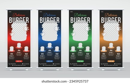 Delicious fast food menu and restaurant roll up banner design template, pull up, standee, x banner, vertical display banner cover vector design layout set for advertising business promotion marketing
