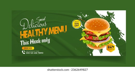 Delicious Fast Food Pizza banner with social media post template Banner, Restaurant discount food Burger banner Design, Food menu social media cover template.