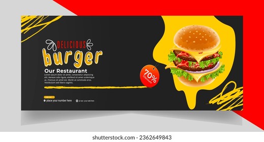 Delicious Fast Food Pizza banner with social media post template Banner, Restaurant discount food Burger banner Design, Food menu social media cover template.