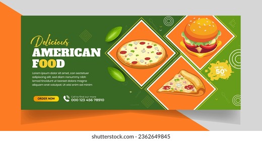 Delicious Fast Food Pizza banner with social media post template Banner, Restaurant discount food Burger banner Design, Food menu social media cover template.