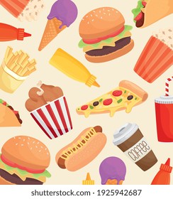 delicious fast food products pattern vector illustration design