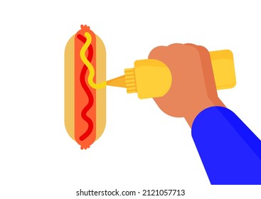 Delicious fast food with sausage, bread, mustard and ketchup. Mustard bottle and delicious hot dog isolated on white background