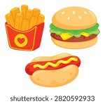 Delicious fast food set featuring cheeseburger hot dog and french fries illustration