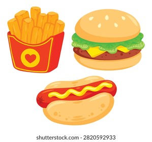 Delicious fast food set featuring cheeseburger hot dog and french fries illustration