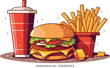 Delicious Fast Food Snack with  burger,  coke and Fresh Vegetables on a White Background illustration,  burger, coke, hot and spicy french fries illustration