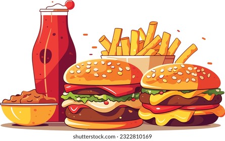 Delicious Fast Food Snack with  burger,  coke and Fresh Vegetables on a White Background illustration,  burger, coke, hot and spicy french fries illustration