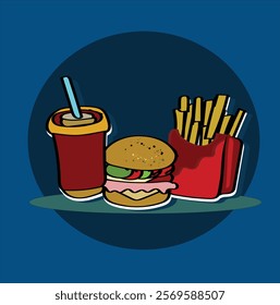 Delicious Fast Food Snack with burger, coke and Fresh Vegetables, burger, coke, hot and spicy french fries.Illustration of Burger and French Fries with Soft Drink Menu Vector.