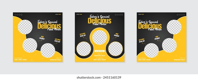 Delicious fast food social media post bundle design, restaurant food menu marketing advertisement promotion vector layout with black vegetable background, online square sale banner