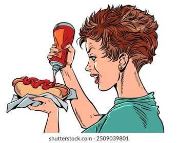 Fast food delicioso e comida de rua para todos os clientes. Uma garota com um grande apetite joga ketchup em um cachorro-quente. Comida não saudável, mas muito saborosa. Pop Art Retro Vetor Ilustração Kitsch Vintage 50s 60s