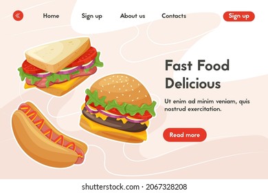 Delicious fast food website template with space for text. Tasty sandwich, hot dog, and burger vector cartoon illustrations. Restaurant, delivery service or cafe landing page design.