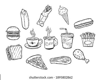 Delicious Fast Foods. Hand Drawing Black And White Set That Contains Delious Food Illustrations. All Food Illustration Are Grouped Separately.