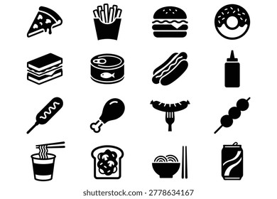 Delicious fast-food icons collection featuring pizza slice, fries, burger, donut, sandwich, sushi, hotdog, soda, and more in monochrome minimalist line-art style for food menu design branding