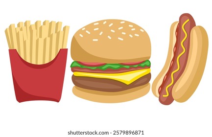 A delicious fast-food meal featuring crispy French fries, a cheesy burger with fresh toppings, and a tasty hot dog with mustard