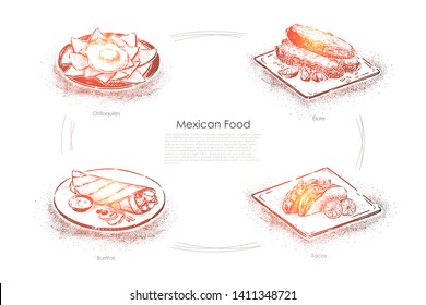 Delicious fastfood, spicy snacks, chilaquiles, elote, burrito and tacos, mexican traditional food banner