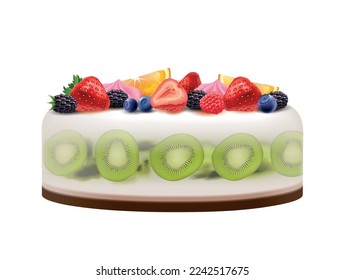 Delicious festive cake decorated with fresh fruits and berries realistic vector illustration