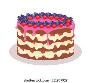 Delicious festive cake web banner. Chocolate bakery isolated design flat. Birthday dessert and cookies, sweet confectionery cream, tasty pastry. Vector illustration
