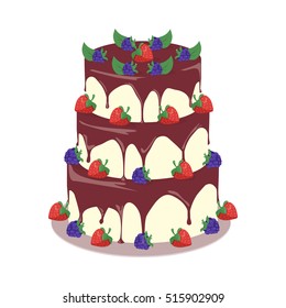 Delicious festive cake web banner. Chocolate bakery isolated design flat. Birthday dessert and cookies, sweet confectionery cream, tasty pastry. Vector illustration