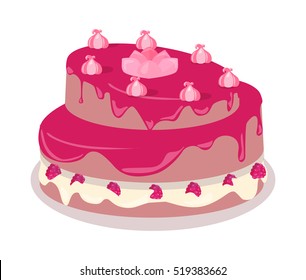 Delicious festive cake web banner. Chocolate bakery isolated design flat. Birthday dessert and cookies, sweet confectionery cream, tasty pastry. Vector illustration
