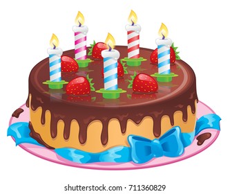 Delicious festive chocolate cake with candles. For birthday! Delicious chocolate icing and fresh strawberries. It stands on a pink plate and is decorated with a blue bow. Isolated Vector Illustration.