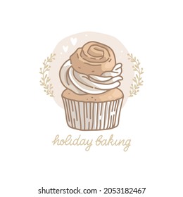 Delicious festive cupcake. Cream and cinnamon roll. Holiday baking lettering. Abstract shape background with texture. Plant twigs and hearts. Confectionery, baked goods. Hand-drawn vector illustration