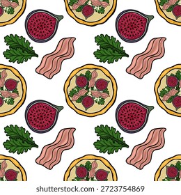 Köstliche Feigen und Speck Pizza nahtloses Muster Vektorgrafik