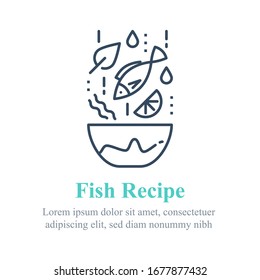 Delicious Fish Salad, Seafood Recipe, Eat Healthy Food, Full Bowl, Falling Ingredients, Nutritious Diet, Tuna Lunch Dish, Vector Line Icon