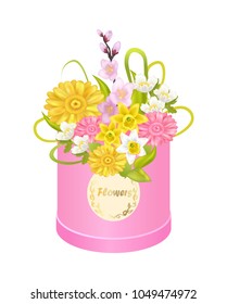 Delicious flowers daffodils, cherry or sakura branches, tender anemones, yellow and pink zinnias in round box vector illustration luxury bouquet