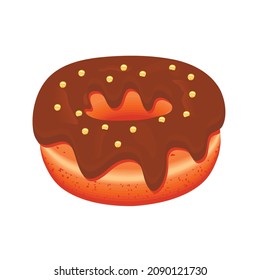 Delicious fluffy donut with chocolate cream. An appetizing sweet dessert decorated with gold powder.3D  baked food symbol design.Yummy doughnut isolated on white.Realistic vector illustration. 