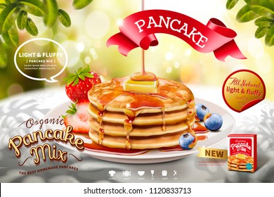 Delicious fluffy pancake ads on nature glitter bokeh background in 3d illustration, morning scene