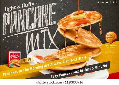 Delicious fluffy pancake floating in the air on blackboard background in 3d illustration