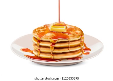 Delicious fluffy pancake with honey butter toppings in 3d illustration, white background