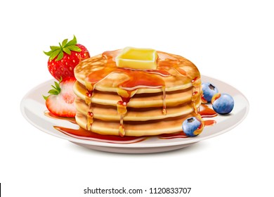 Delicious fluffy pancake with honey butter toppings and fresh fruit in 3d illustration, white background