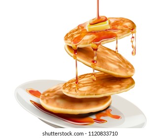 Delicious fluffy pancake with honey butter toppings in 3d illustration on white background, flying effect