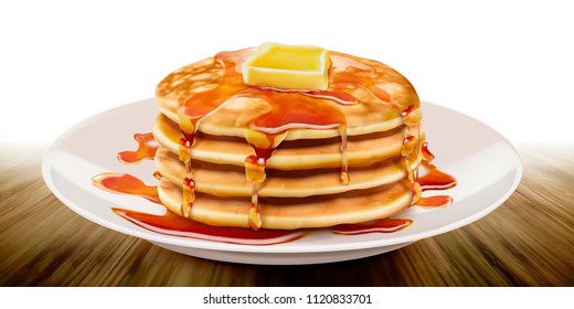 Delicious fluffy pancake on white plate in 3d illustration
