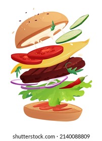 Köstlicher fliegender Burger mit Chilischoten, Tomaten, Käse, Gurken, Fleisch, Zwiebeln, Ketschup und Salat. Bun Sie mit Sesam. Cartoon, Vektorgrafik.