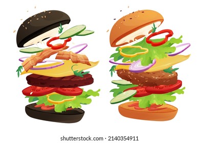 Delicious flying burger with chili, tomato, cheese, cucumber, meat, onion, ketchup and salad. Bun with sesame. Cartoon vector illustration.