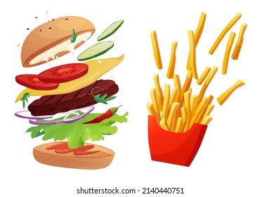 Delicious flying burger with chili, tomato, cheese, cucumber, meat, onion, ketchup and salad. French fried potato in a red pack box. Fast food, junk. Bun with sesame. Cartoon vector illustration.