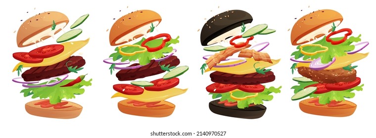 Köstlicher fliegender Burger mit Chilischoten, Tomaten, Käse, Gurken, Fleisch, Zwiebeln, Ketschup und Salat. Bun Sie mit Sesam. Cartoon, Vektorgrafik.