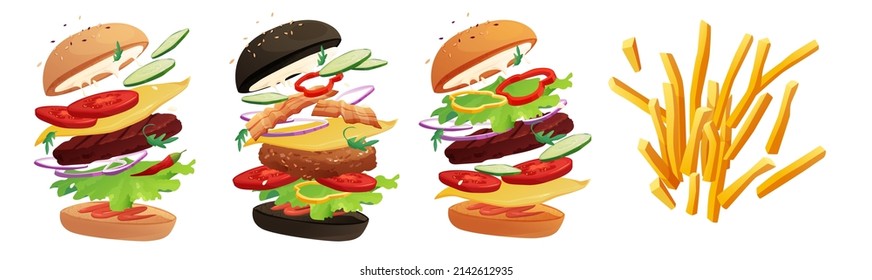 Delicious flying burger with chili, tomato, cheese, cucumber, meat, onion, ketchup and salad. French fried potato in a red pack box. Fast food, junk. Bun with sesame. Cartoon vector illustration.