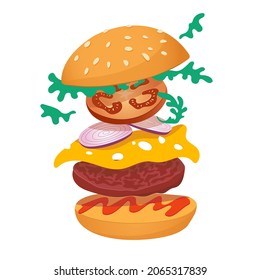 Delicious flying burger. Vector food illustration. Isolated on white background.