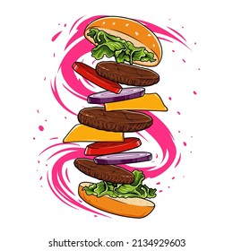 delicious flying burger vector with splash sauce motion in multiple layers