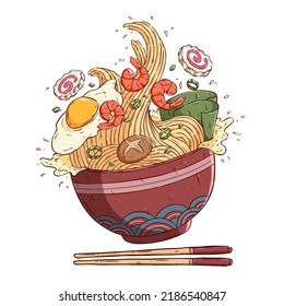 Delicious flying noodle or japanese ramen. Colorful hand drawing asian noodle with chopstick