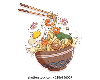 Delicious flying noodle or japanese ramen. Colorful hand drawing asian noodle with chopstick